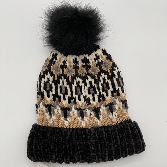 FREE PEOPLE Chalet Fairisle Pom Beanie Black Combo $48 Retail NWT - Picture 1 of 3